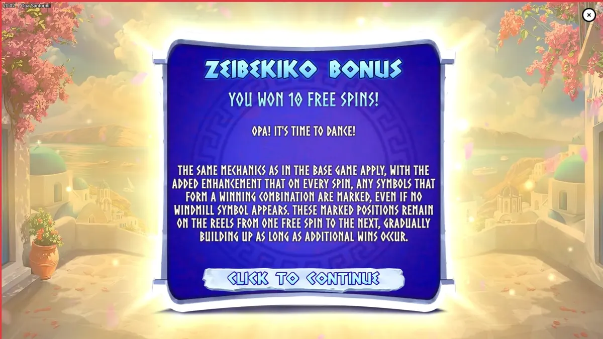 Cenário ensolarado de Santorini com elementos do slot Opa Santorini