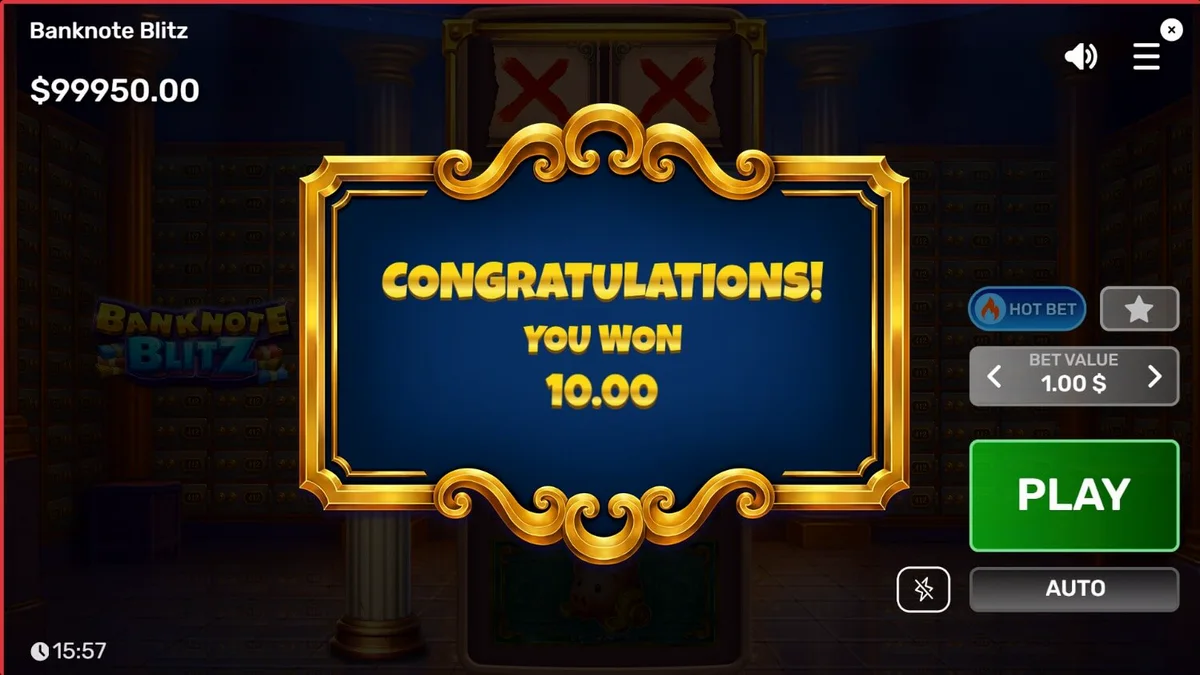 Interface luxuosa do slot Banknote Blitz com elementos de cofre e notas bancárias
