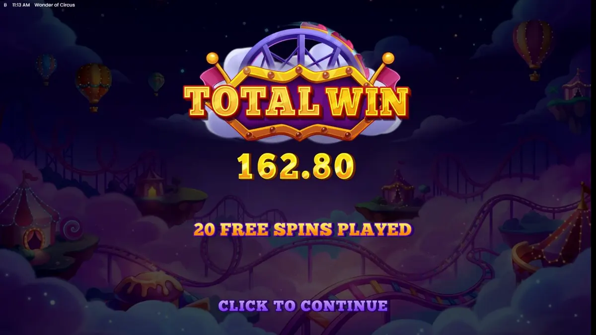 Interface vibrante do slot Wonder of Circus com elementos de circo e neon