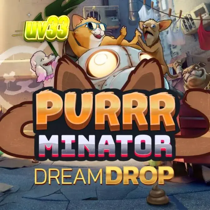 Cena de jogo do slot Purrrminator Dream Drop com tema cyberpunk e detetive felino